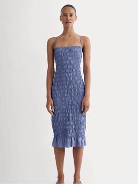 Everlane Smocked Column Midi Fitted Dress Sleeveless Blue